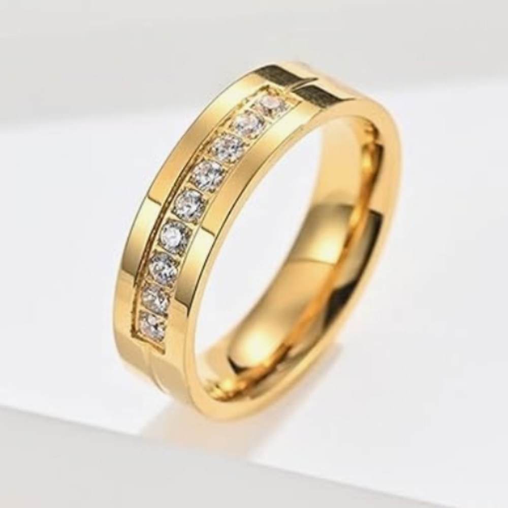 Mens Wedding Band Stainless Steel Gold Plated Ring with High Quality CZ.